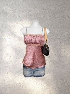 Y2K Dusty Rose Crinkle Satin Cami | Lace Trim  Beaded Grunge Fairy Top | Bimboco
